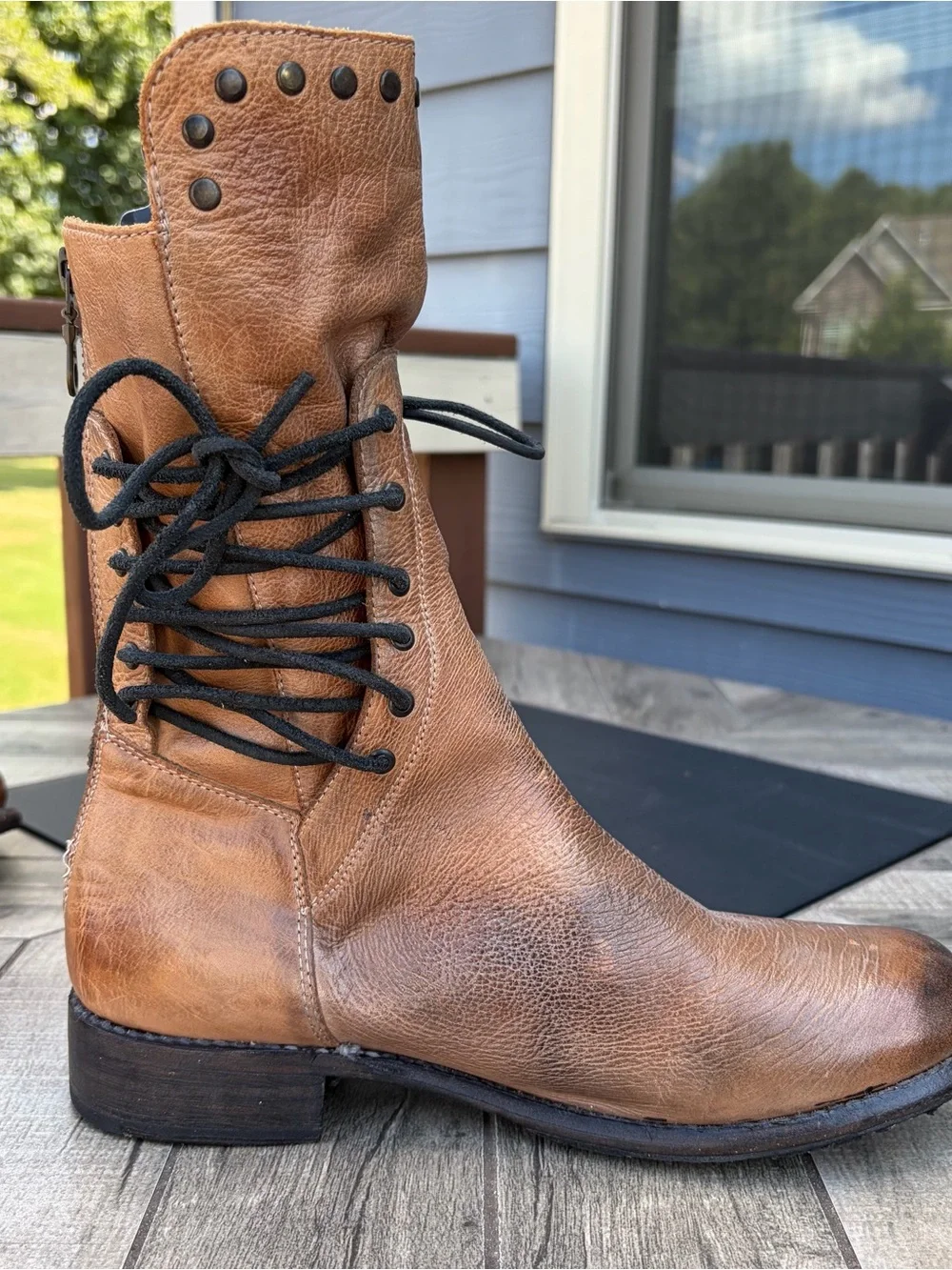 Bed Stu Fen Boot Sz 9.5 Alkaline Rustic Studded Corset Lace Up Leather Mid Calf